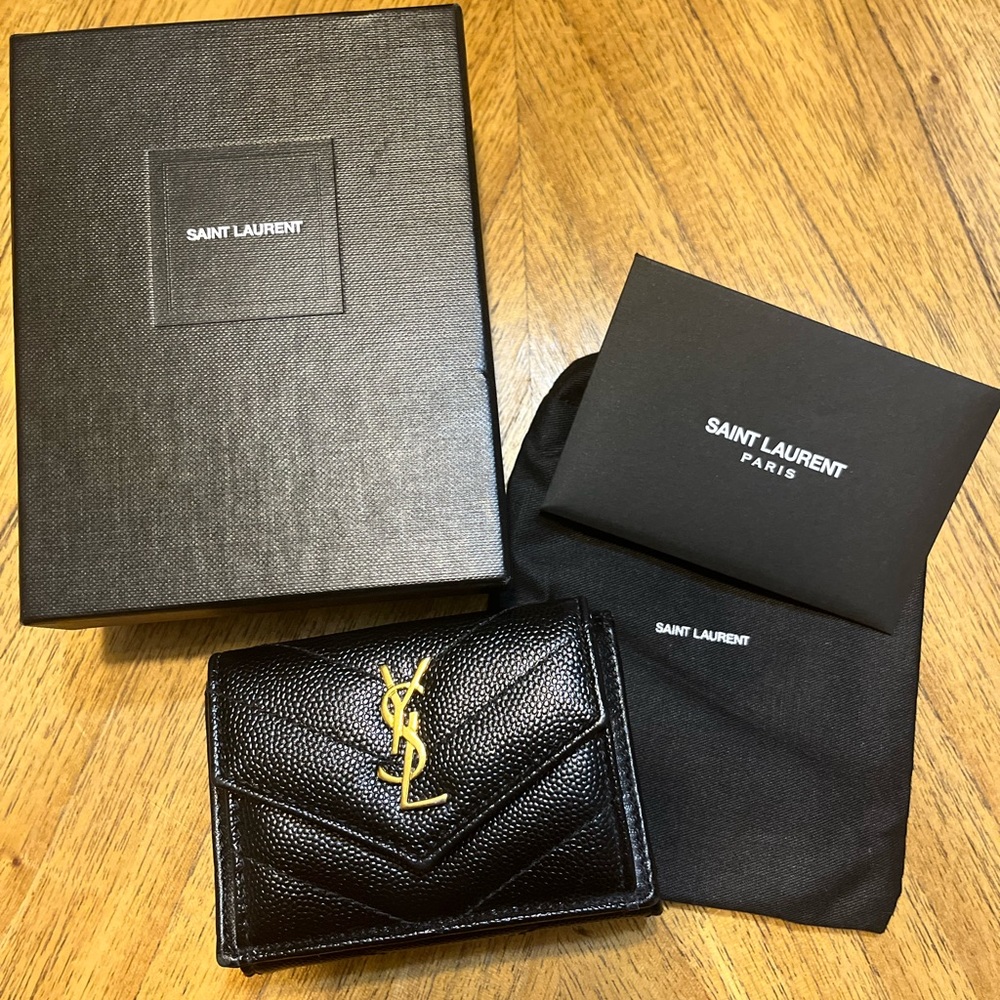 Yves Saint Laurent Black Pebbled Leather Card Wallet with Gold YSL Logo